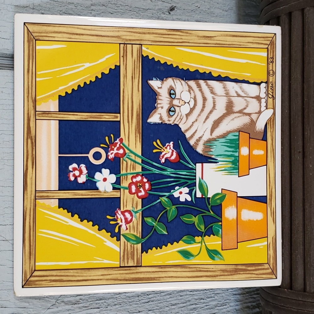 Vintage Cat Tile Vintage Cat Tile 1980s Tile 80s Tile Cat Lover Floral Tile